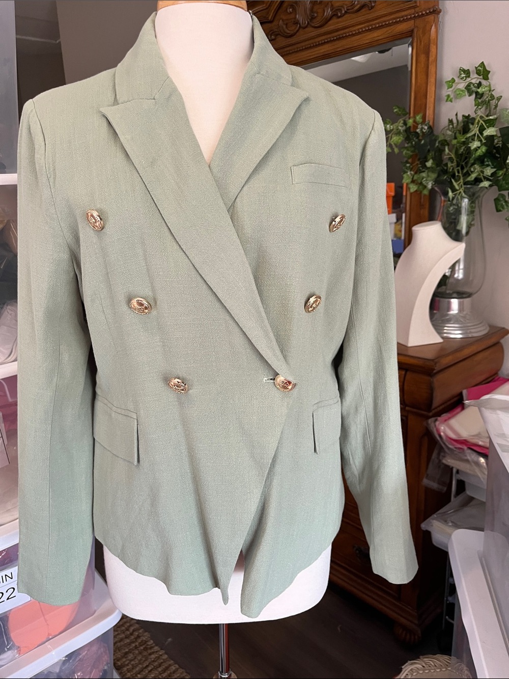 Walter Baker Double-Breasted Sage Green Blazer with Gold Buttons